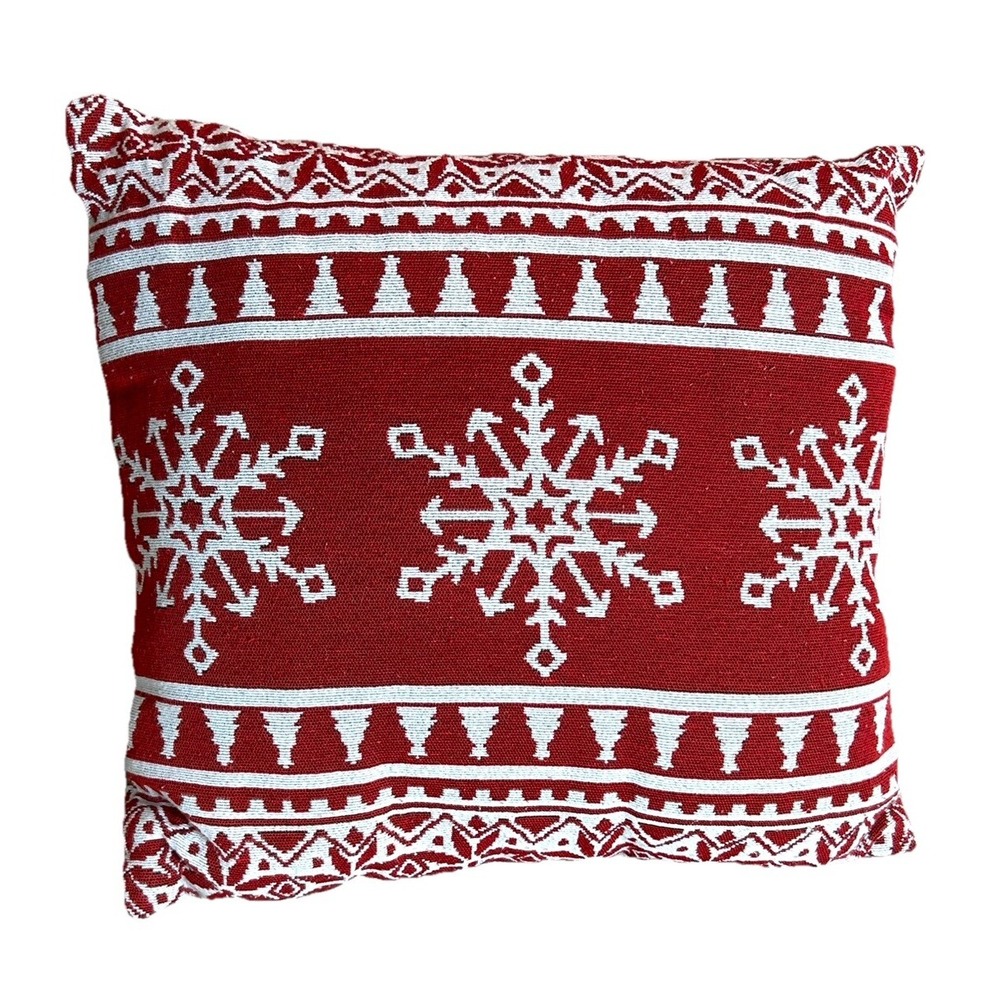 Snowflake Throw Pillow Cover Red Ivory White Zips Sofa 15"x15" (or COVER ONLY)